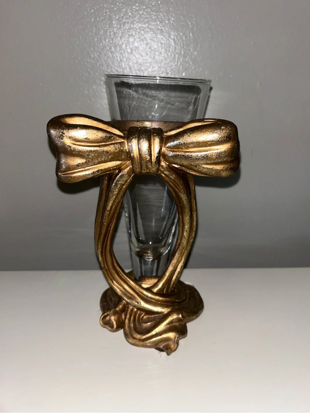 Coveted Vintage Gilt Gold Bow Vase Coquette Classic Resin 1995 YY Decor W/ Bowl